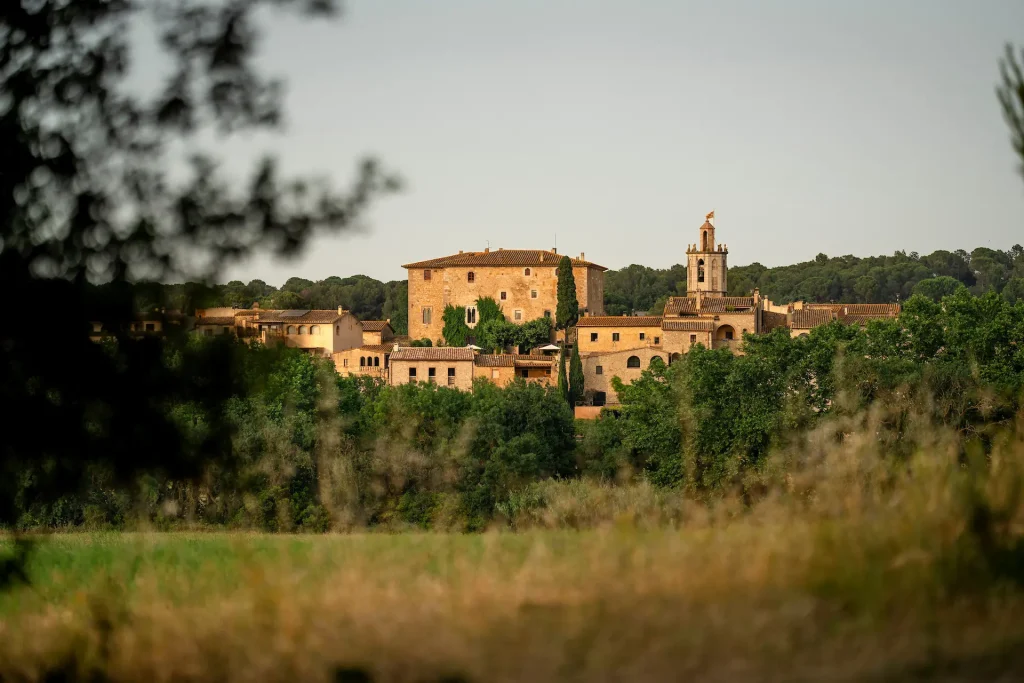 Vista del Castell de Sant Mori envoltat de bosc i camps verds